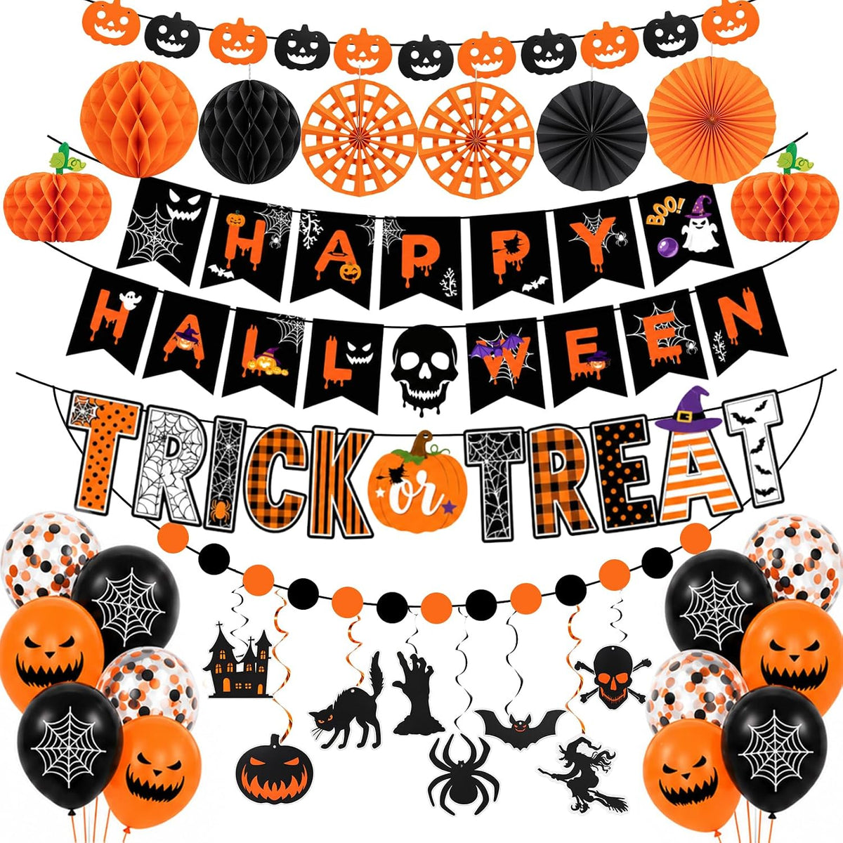 Halloween Indoor Decorations Kit: Banners, Garland, Balloons & Hanging Decor Set