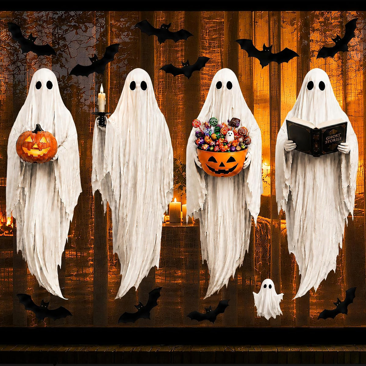 4PCS Large Halloween Ghost Window Clings Static Stickers Witch Bat Decor