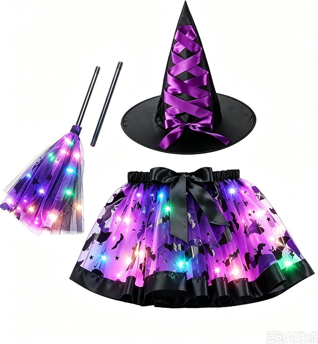 Witch Costume Set Halloween LED Tutu Dress Hat Broom Kids Fancy Dress Up