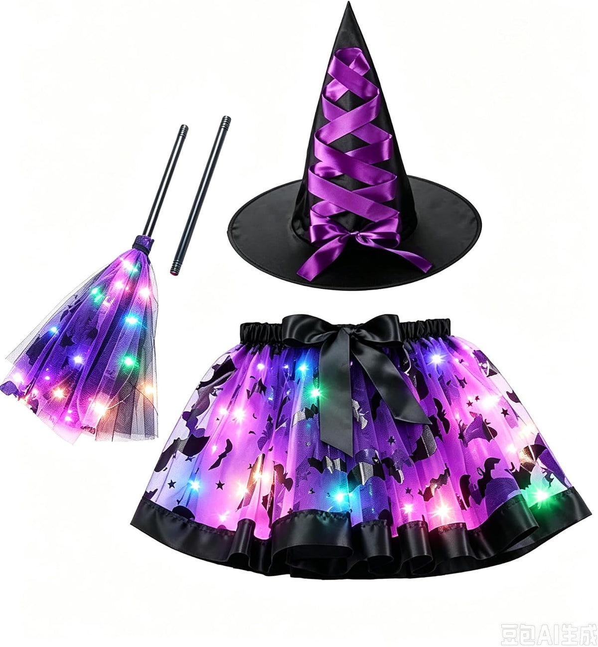 Witch Costume Set Halloween LED Tutu Dress Hat Broom Kids Fancy Dress Up