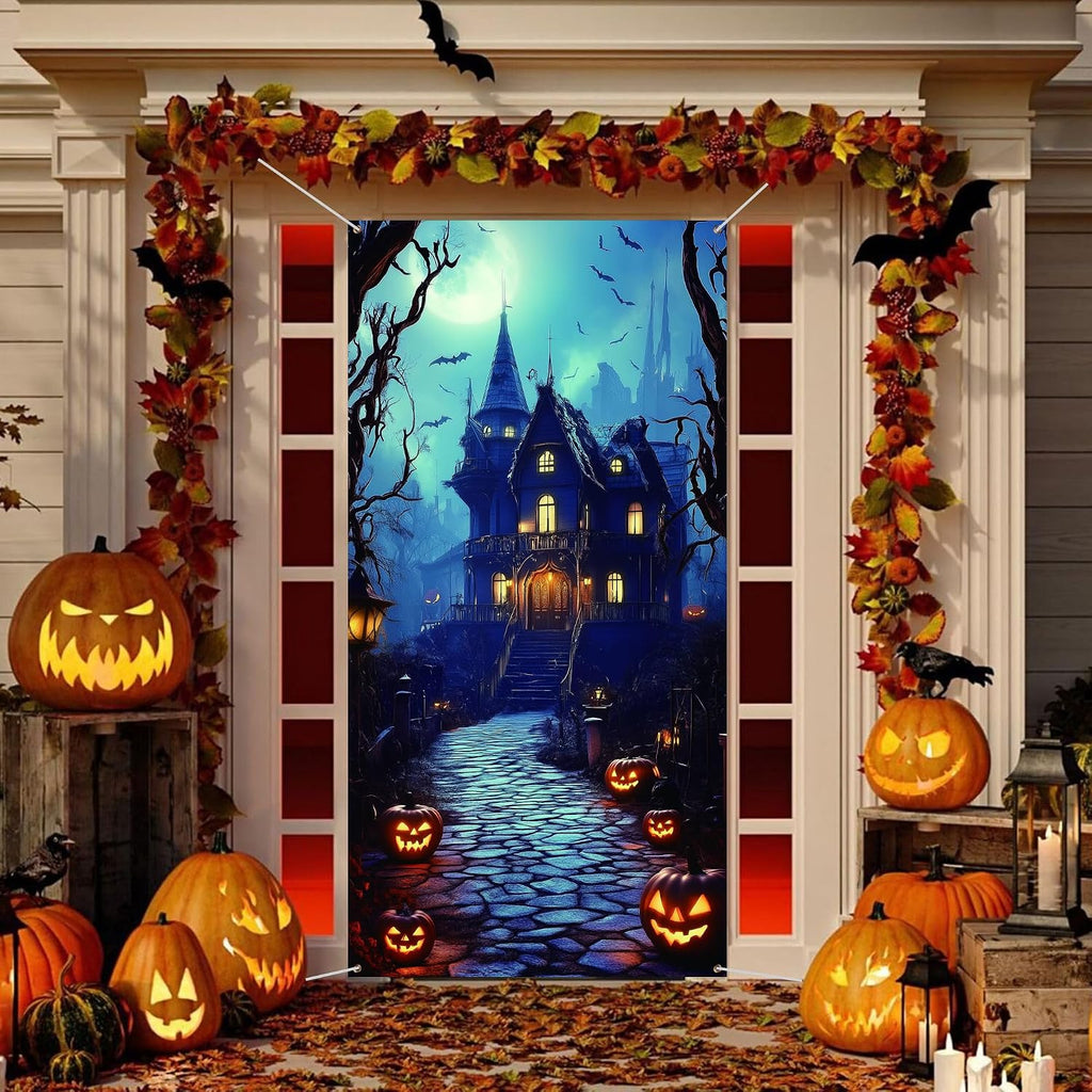 Halloween Door Cover Decoration Large Fabric Party Sign Spooky Pumpkin Graveyard