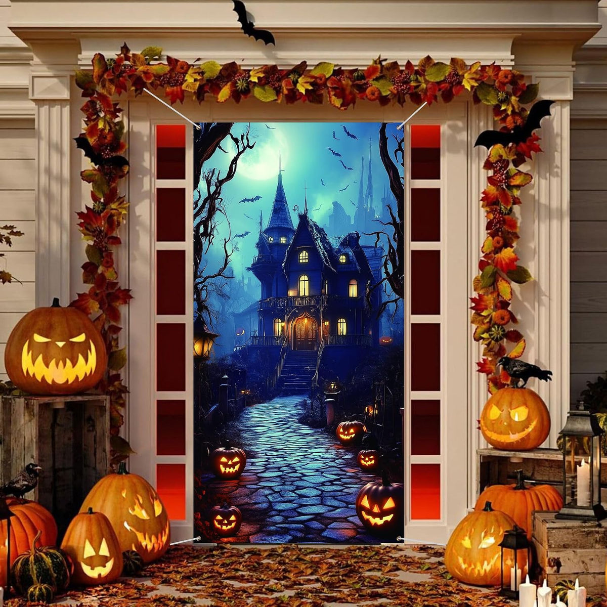 Halloween Door Cover Decoration Large Fabric Party Sign Spooky Pumpkin Graveyard