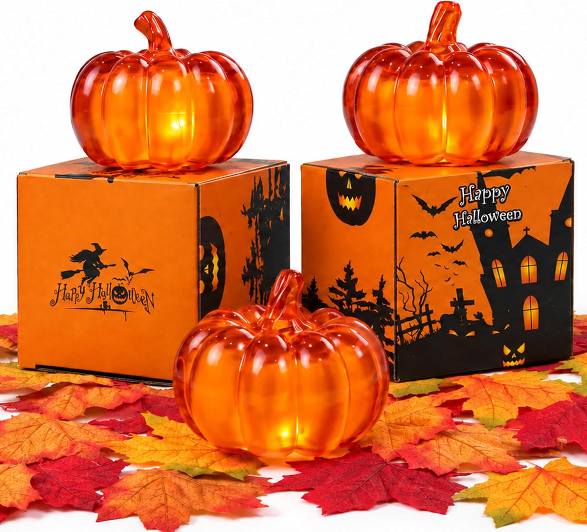 LED Light Up Pumpkins & Maple Leaves Set - Fall Halloween Autumn Home Decor