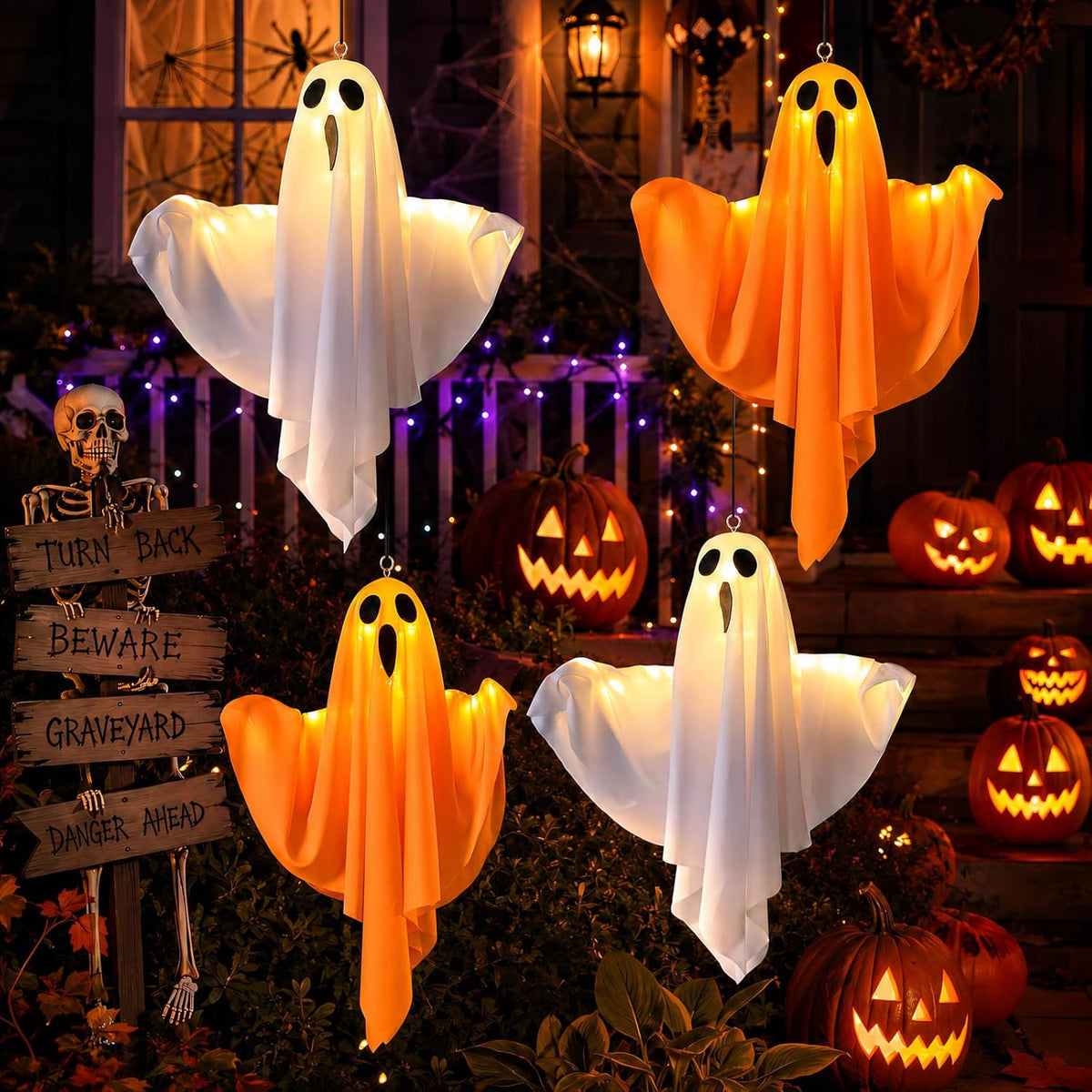4 Pack Halloween Ghost Decorations LED Light Up Hanging Indoor Outdoor Decor