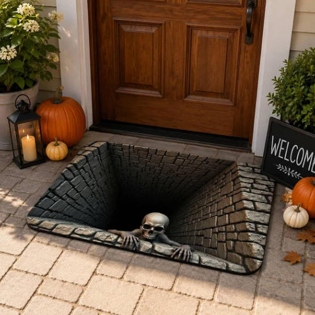 Halloween 3D Illusion Door Mat Spooky Bottomless Hole Rug Anti-Slip Floor Decor