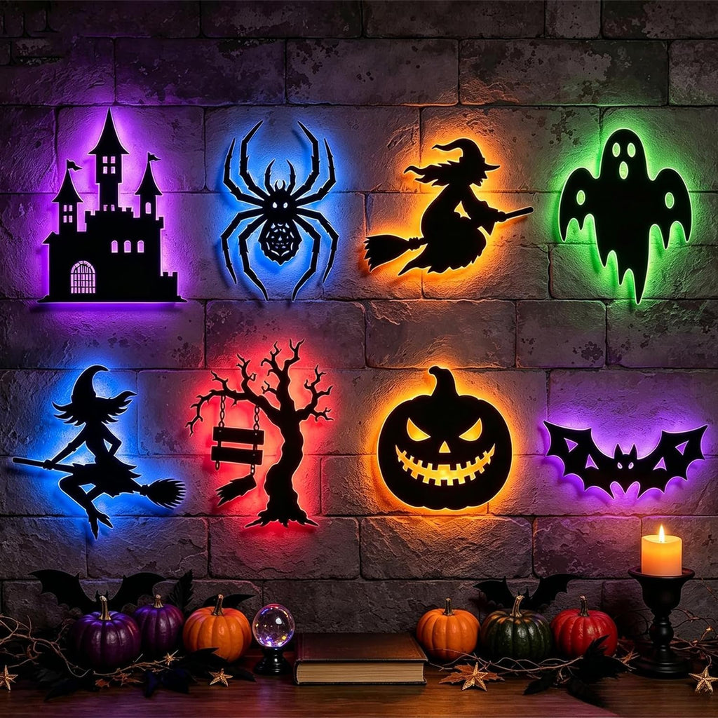 8 PCS Halloween LED Wall Lights Spooky Silhouette Glow Window Wall Decorations