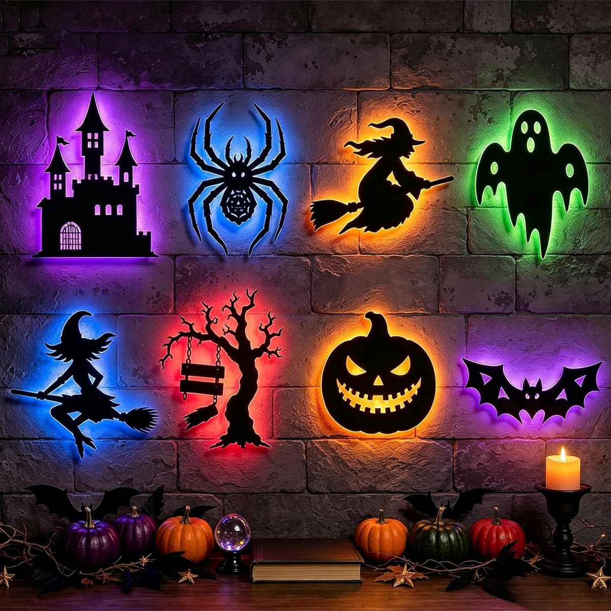 8 PCS Halloween LED Wall Lights Spooky Silhouette Glow Window Wall Decorations