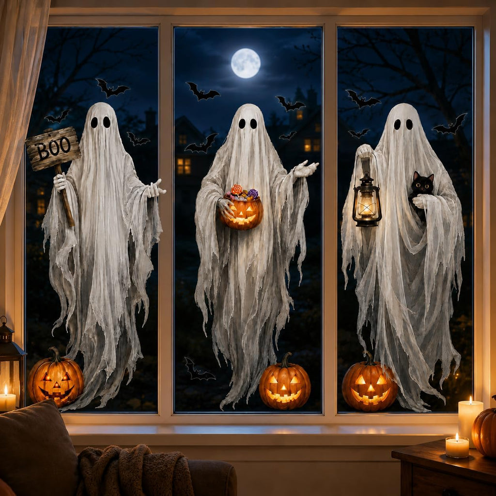 Halloween Window Stickers Static Cling Glass Decals Witch Pumpkin Spider Web Dec