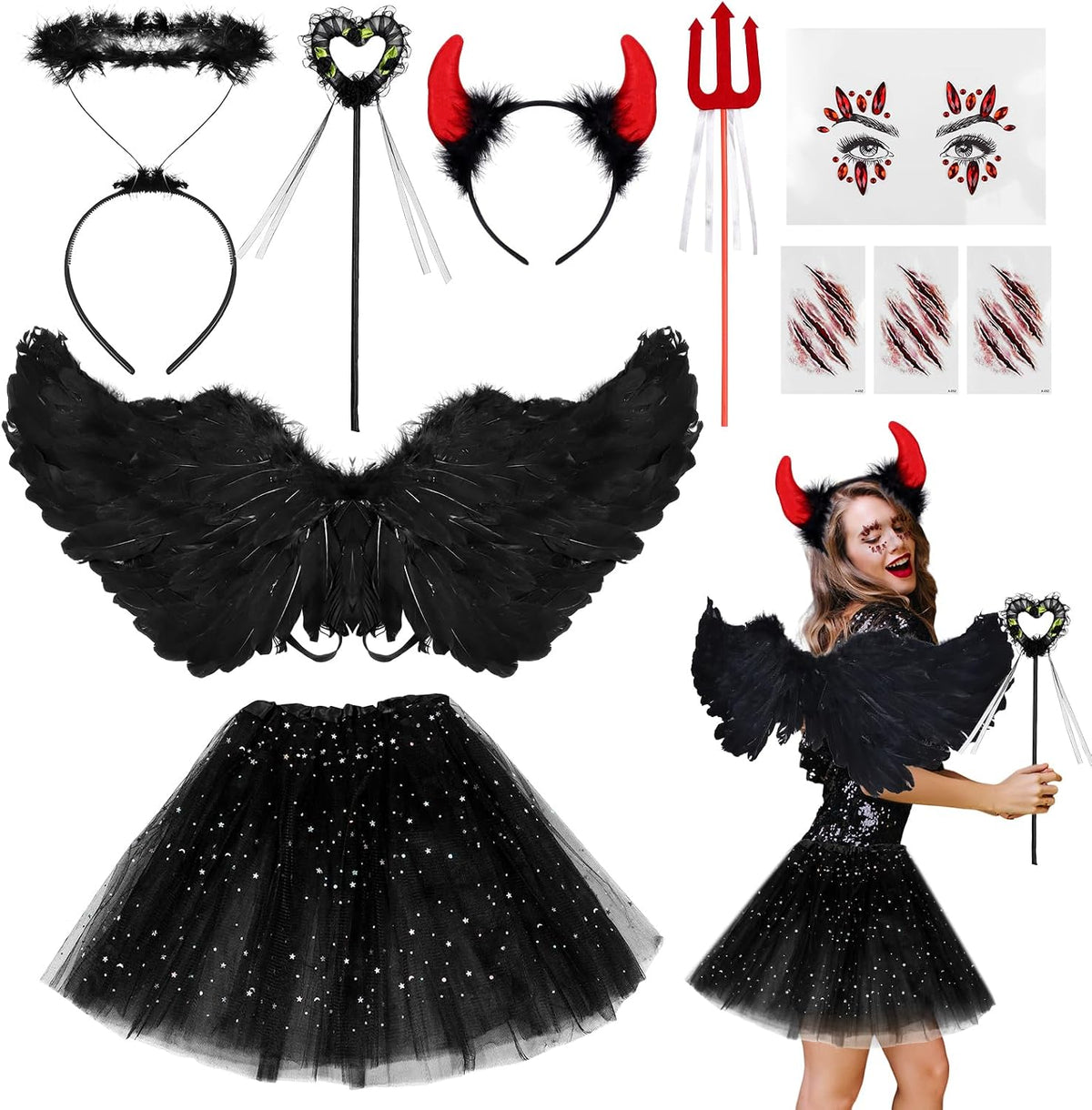 Halloween Angel Wings & Halo Costume Set - Devil Accessory Kit, 10 Pcs