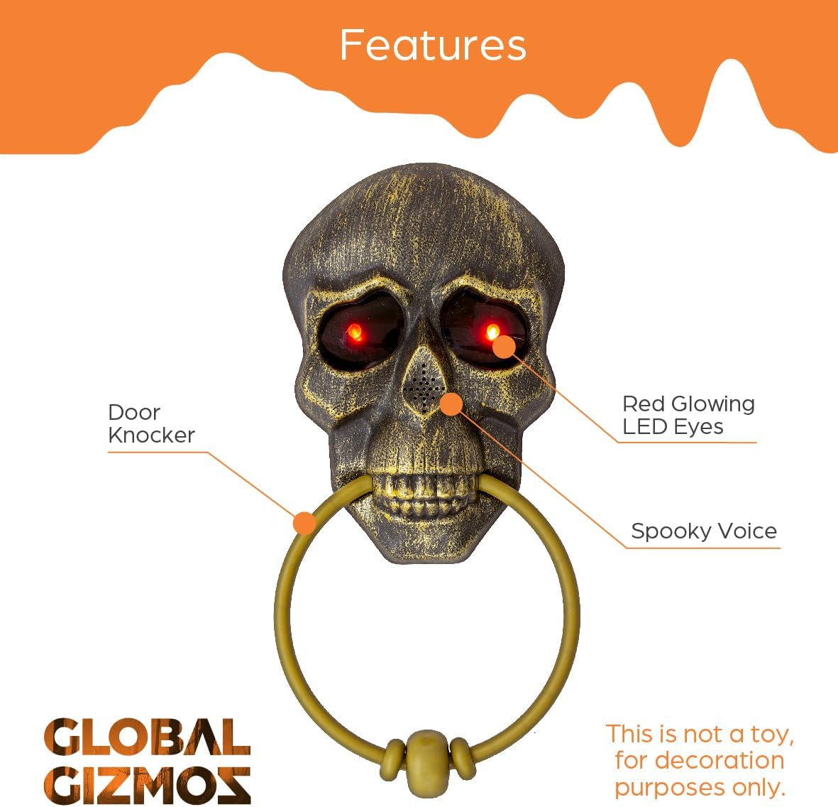 Halloween Skull Doorbell Light Up LED Eyes Spooky Voice Trick or Treat Decor