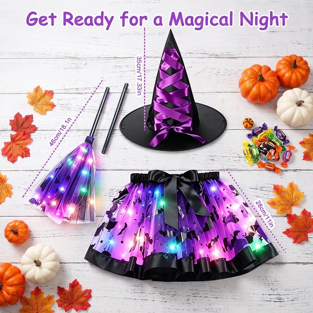 Witch Costume Set Halloween LED Tutu Dress Hat Broom Kids Fancy Dress Up