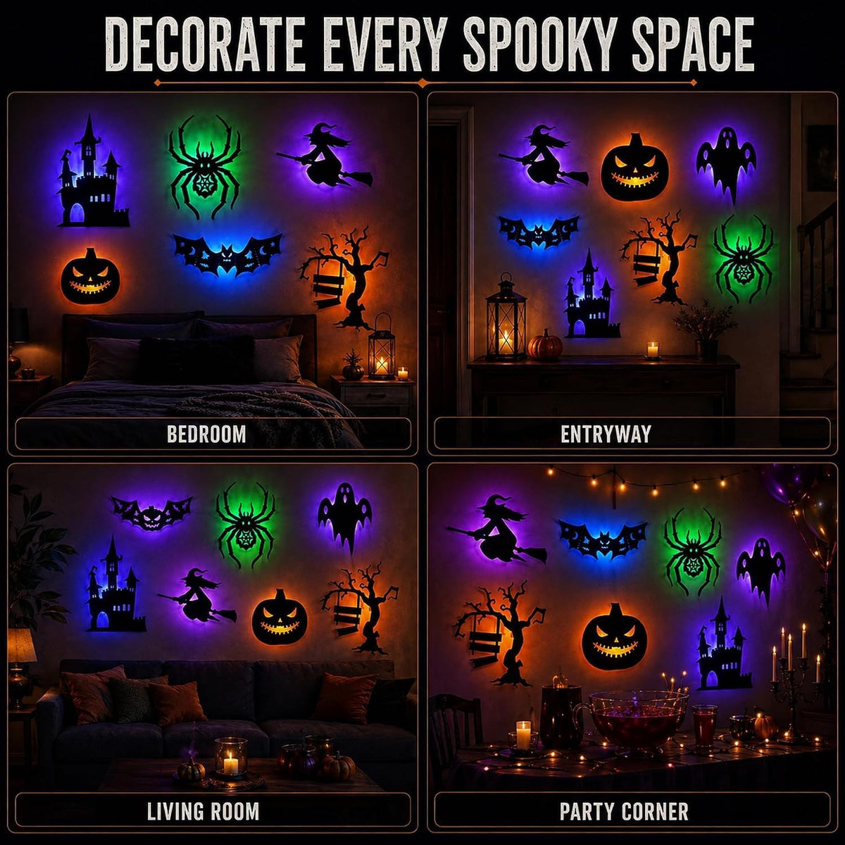 8 PCS Halloween LED Wall Lights Spooky Silhouette Glow Window Wall Decorations