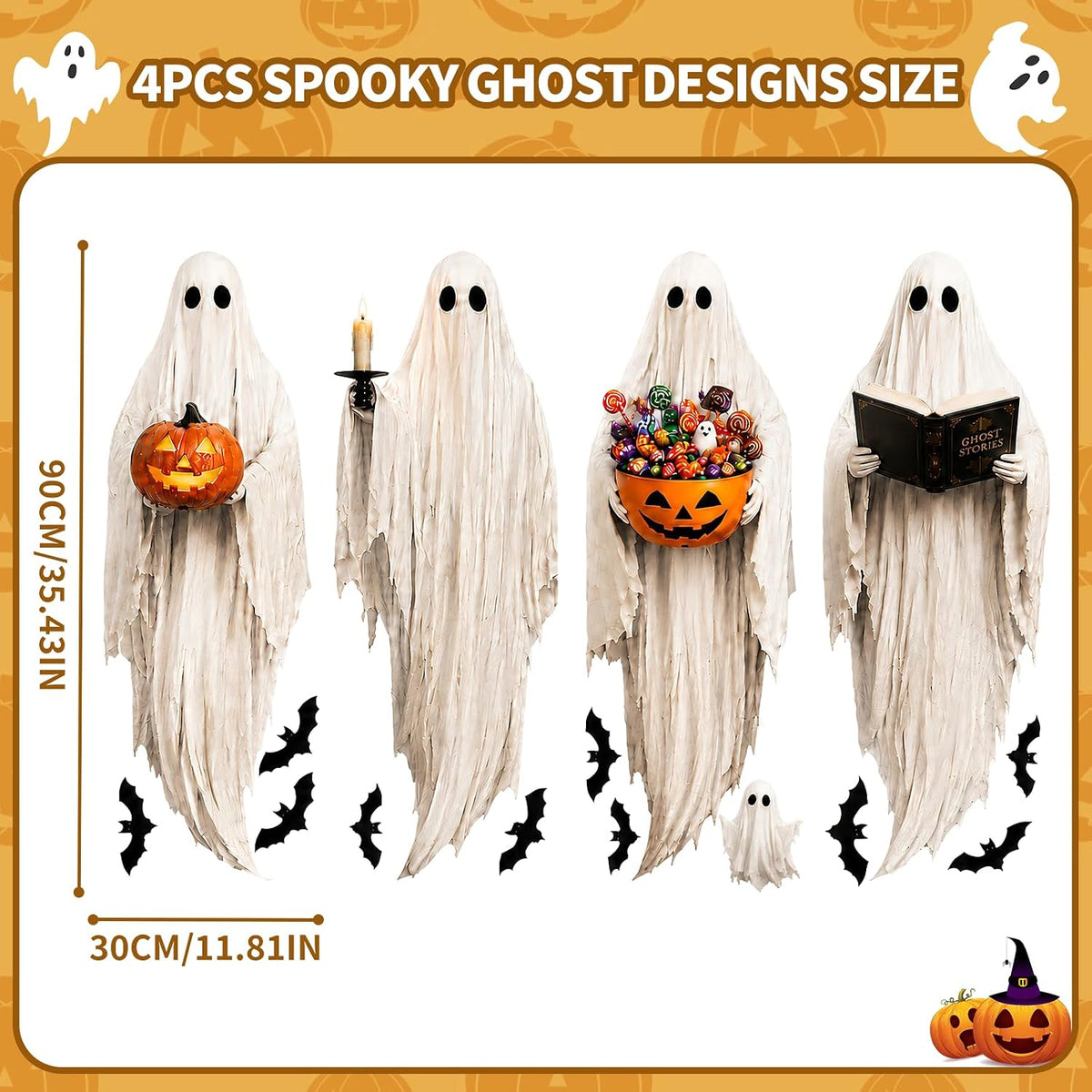 4PCS Large Halloween Ghost Window Clings Static Stickers Witch Bat Decor