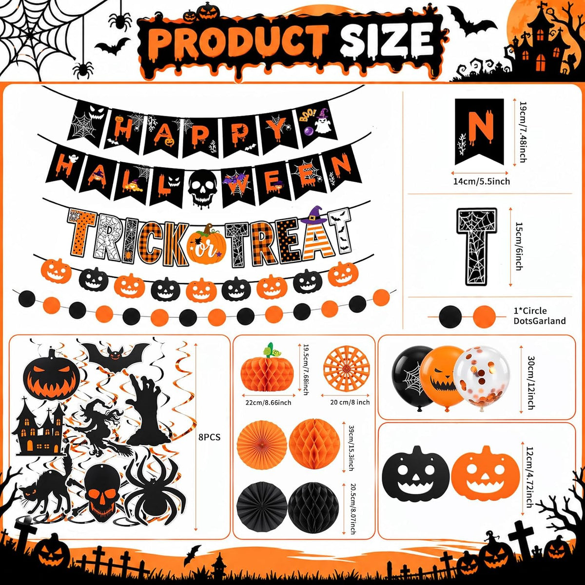 Halloween Indoor Decorations Kit: Banners, Garland, Balloons & Hanging Decor Set