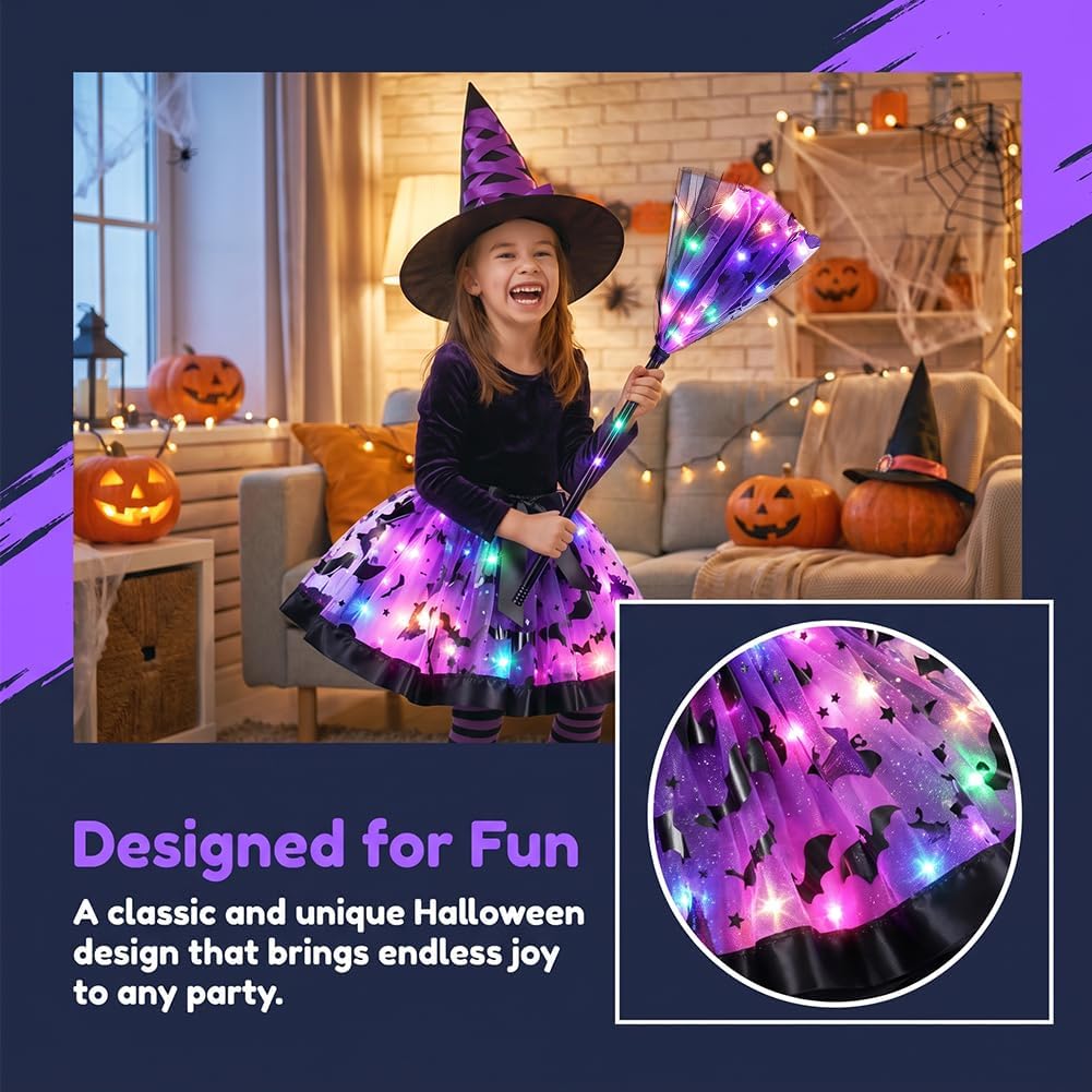 Witch Costume Set Halloween LED Tutu Dress Hat Broom Kids Fancy Dress Up