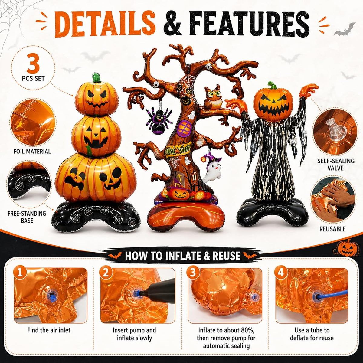 3 Pcs Giant Inflatable Halloween Balloons Pumpkin Ghost Tree Foil Party Decor
