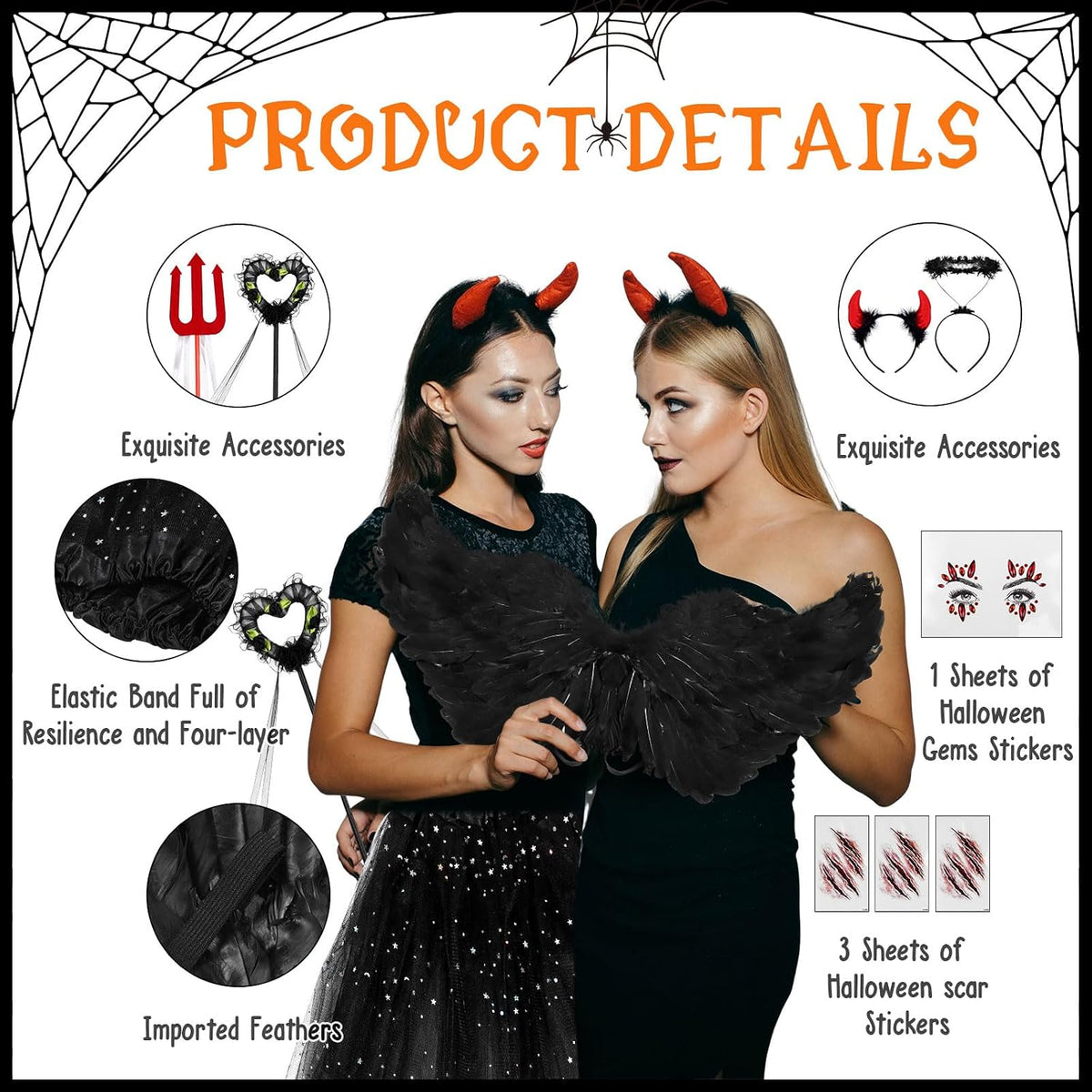 Halloween Angel Wings & Halo Costume Set - Devil Accessory Kit, 10 Pcs