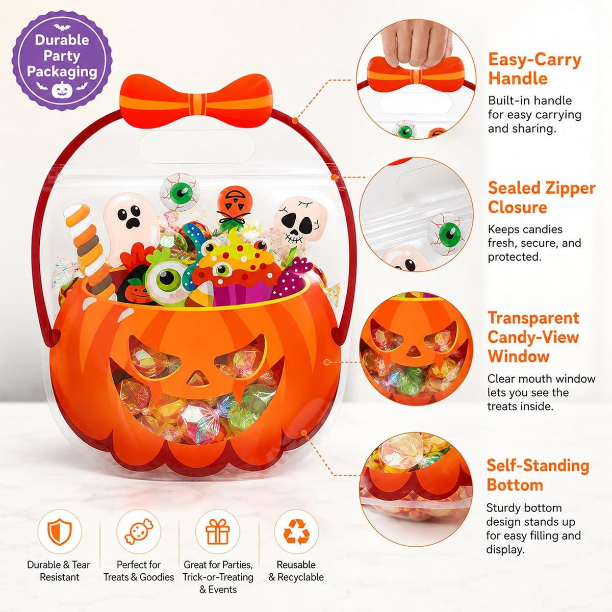 20 Pcs Pumpkin Halloween Trick or Treat Sweet Gift Bags with Handle for Kids