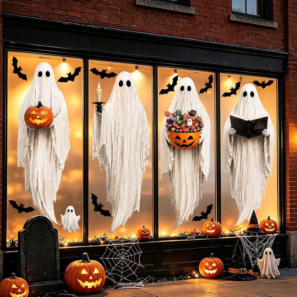 4PCS Large Halloween Ghost Window Clings Static Stickers Witch Bat Decor
