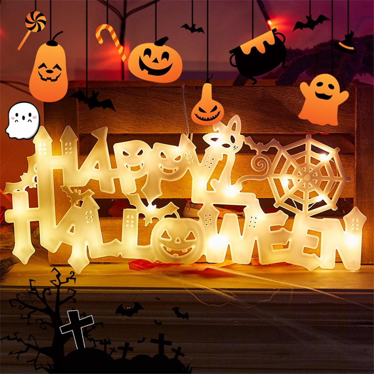 Halloween Neon Window Lights LED Hanging Sign Warm Light Indoor Outdoor Decor