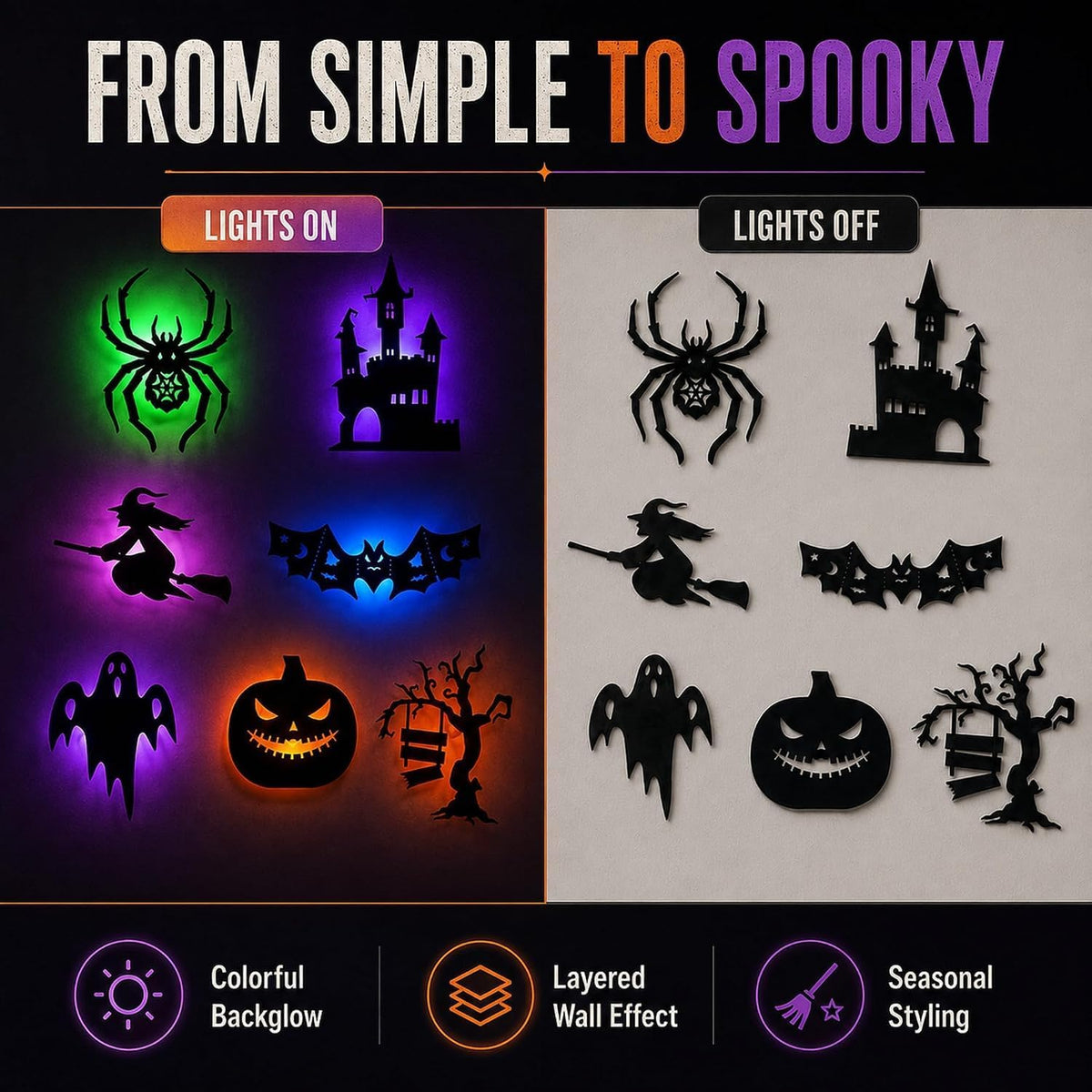 8 PCS Halloween LED Wall Lights Spooky Silhouette Glow Window Wall Decorations
