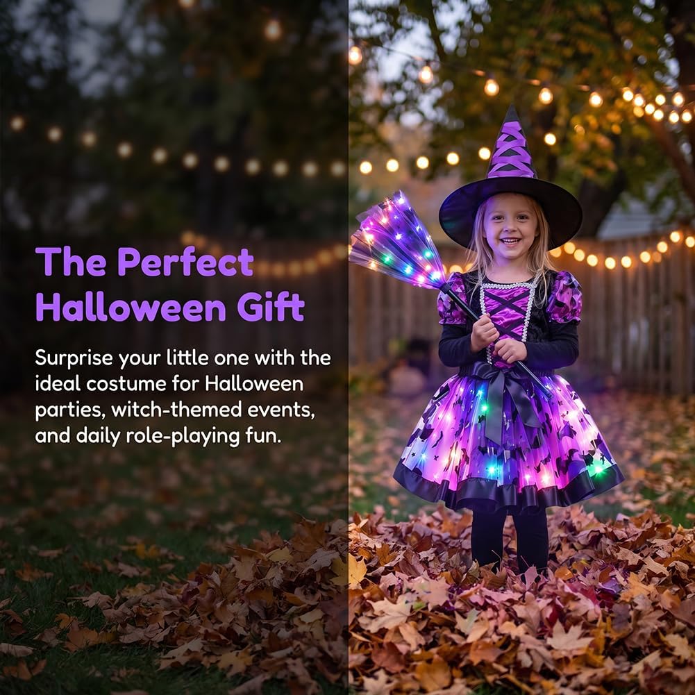 Witch Costume Set Halloween LED Tutu Dress Hat Broom Kids Fancy Dress Up