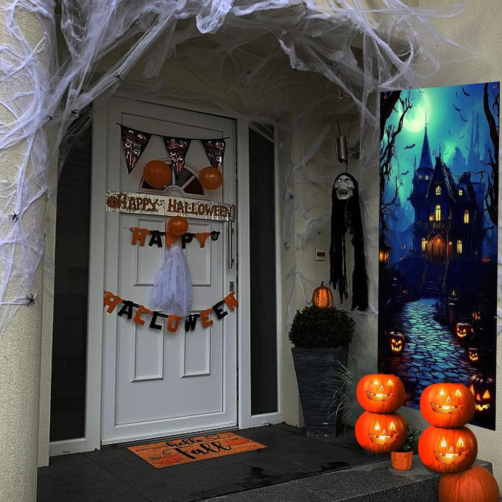 Halloween Door Cover Decoration Large Fabric Party Sign Spooky Pumpkin Graveyard