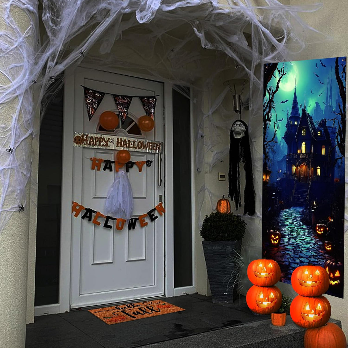 Halloween Door Cover Decoration Large Fabric Party Sign Spooky Pumpkin Graveyard