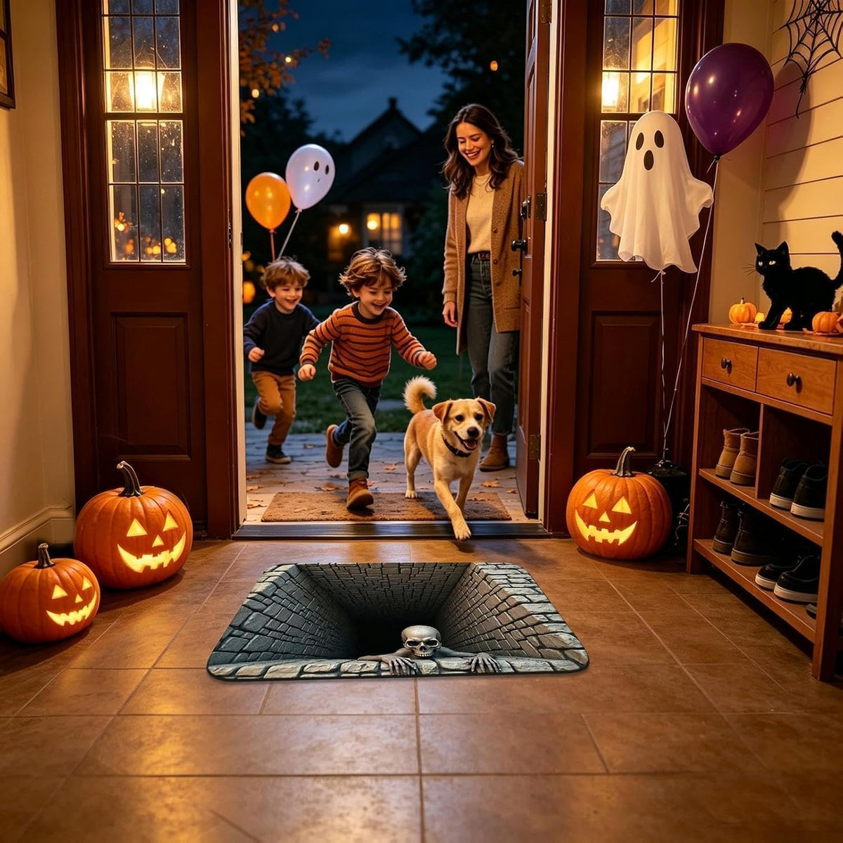 Halloween 3D Illusion Door Mat Spooky Bottomless Hole Rug Anti-Slip Floor Decor