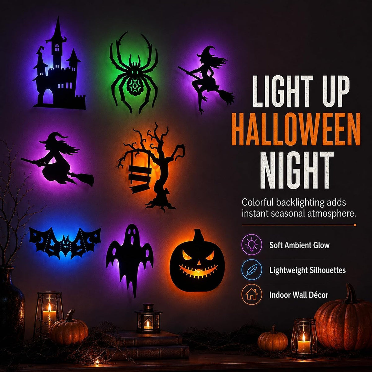 8 PCS Halloween LED Wall Lights Spooky Silhouette Glow Window Wall Decorations