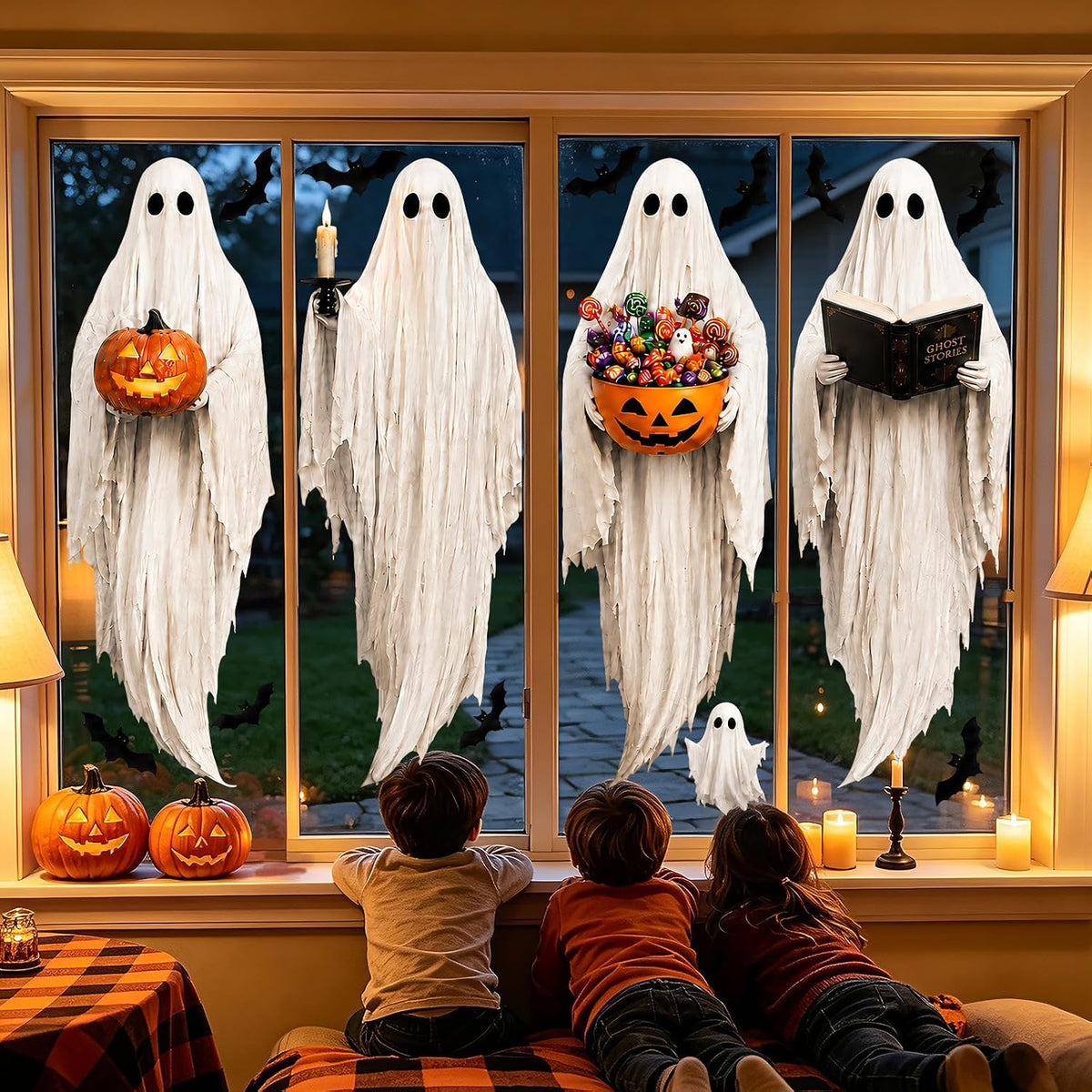 4PCS Large Halloween Ghost Window Clings Static Stickers Witch Bat Decor