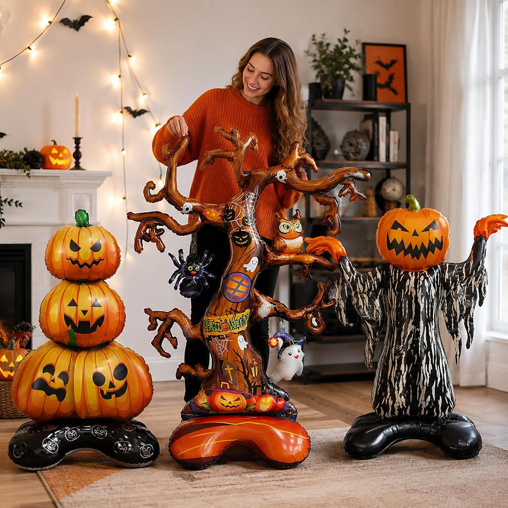 3 Pcs Giant Inflatable Halloween Balloons Pumpkin Ghost Tree Foil Party Decor