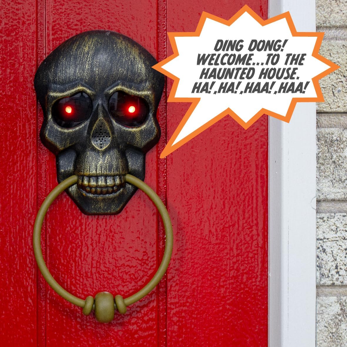 Halloween Skull Doorbell Light Up LED Eyes Spooky Voice Trick or Treat Decor