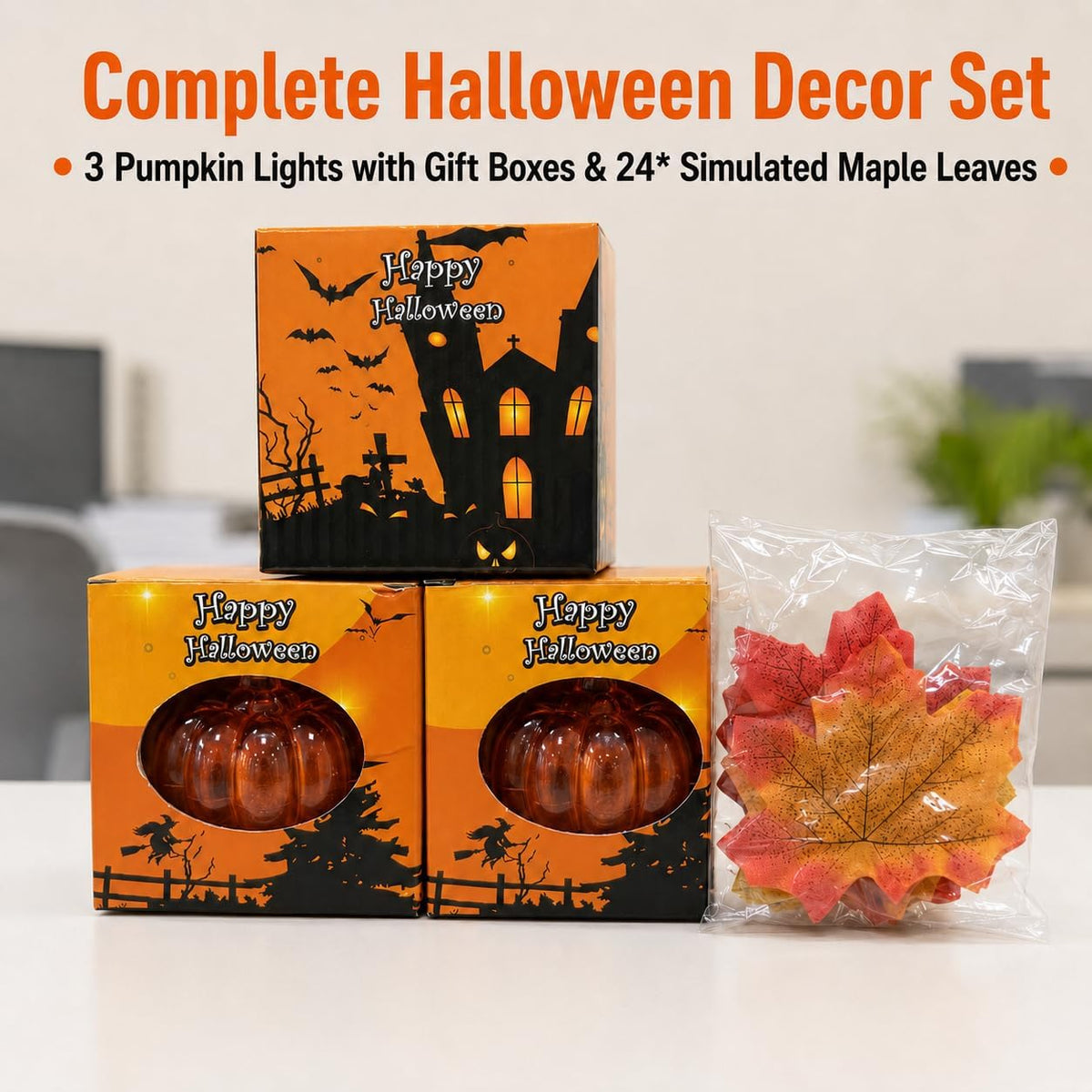 LED Light Up Pumpkins & Maple Leaves Set - Fall Halloween Autumn Home Decor