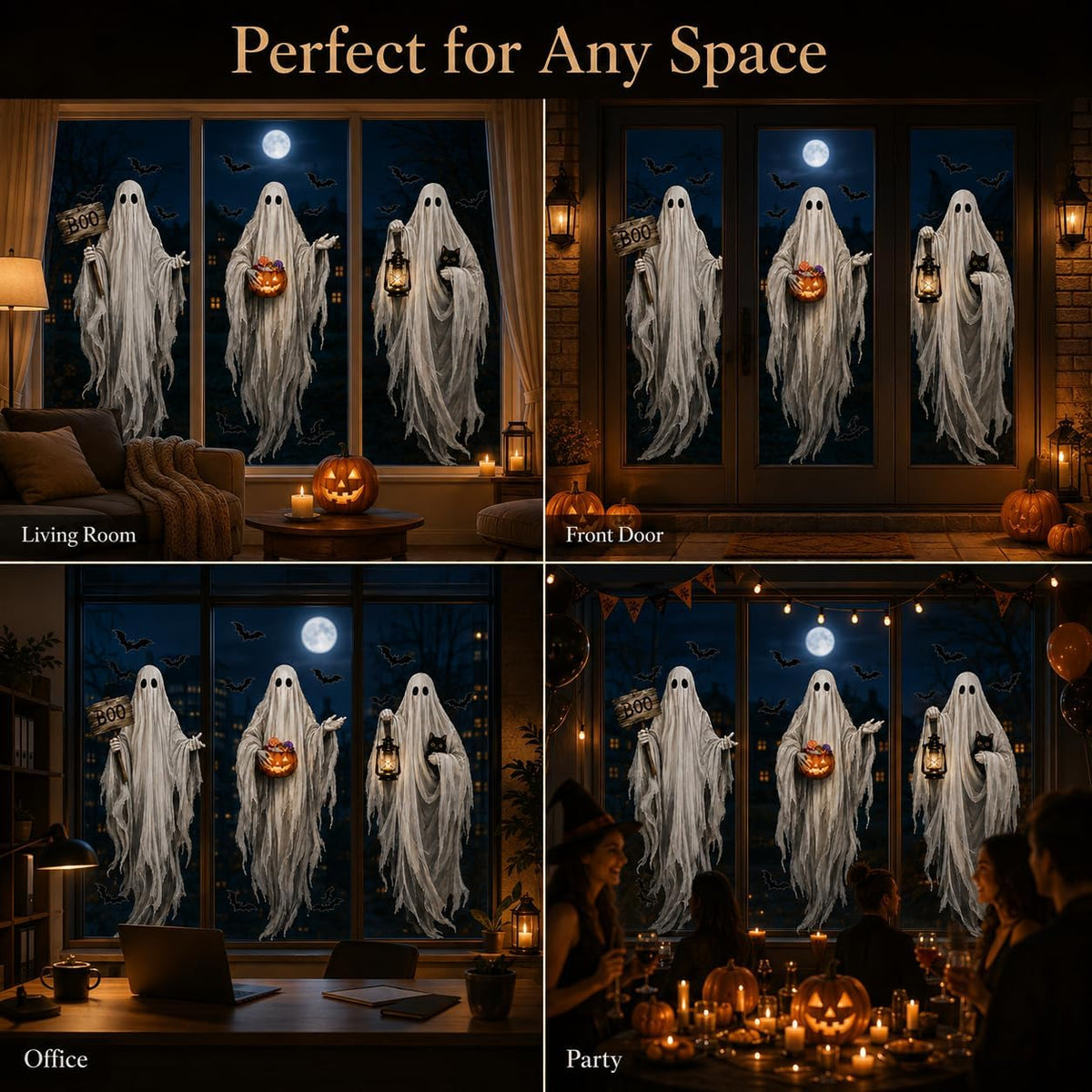 Halloween Window Stickers Static Cling Glass Decals Witch Pumpkin Spider Web Dec