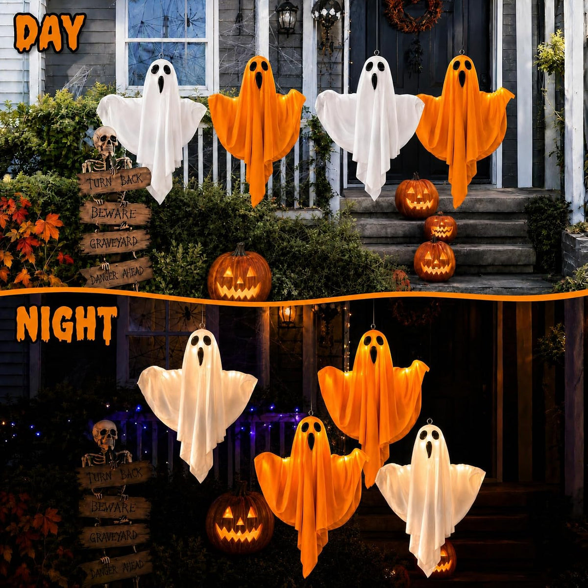 4 Pack Halloween Ghost Decorations LED Light Up Hanging Indoor Outdoor Decor