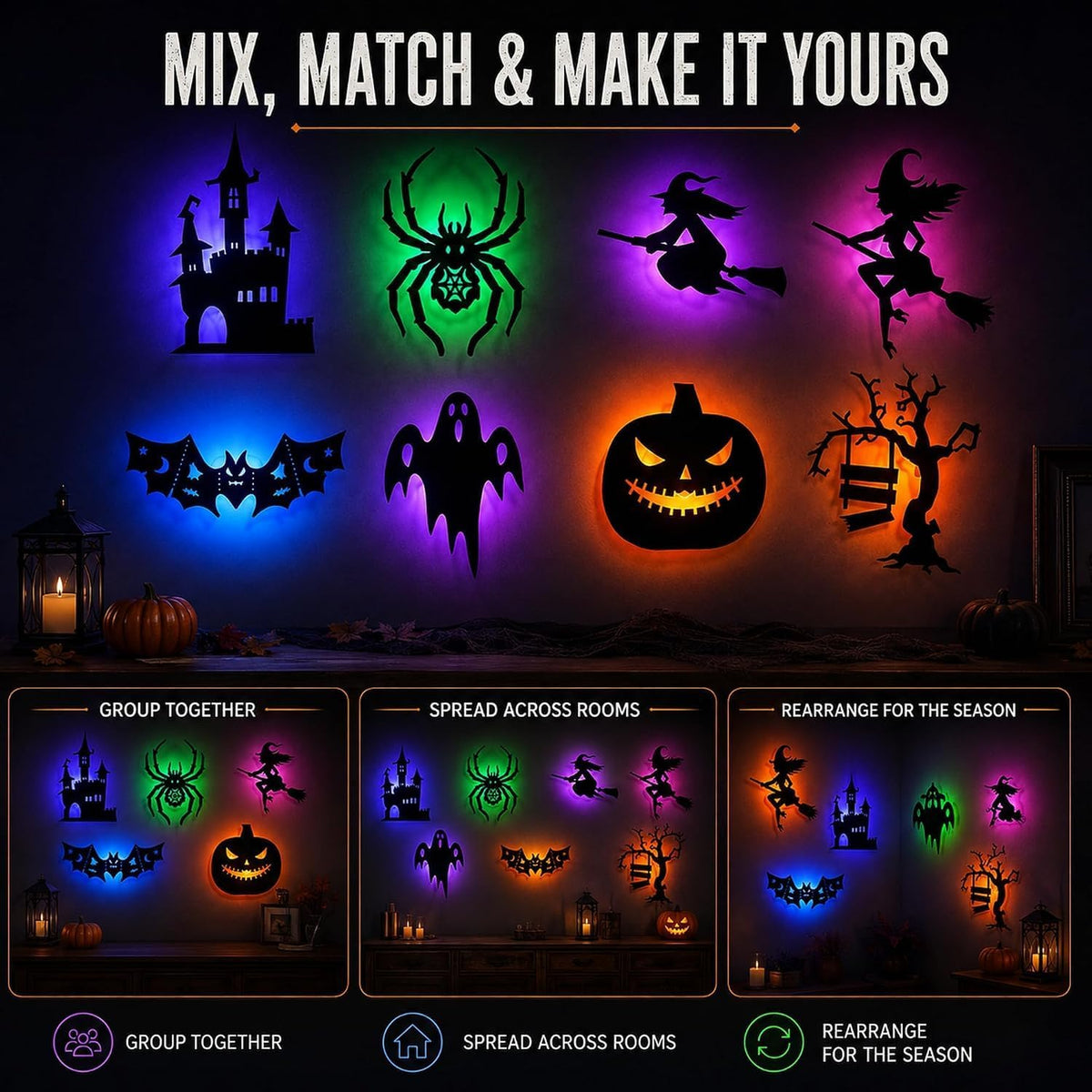 8 PCS Halloween LED Wall Lights Spooky Silhouette Glow Window Wall Decorations
