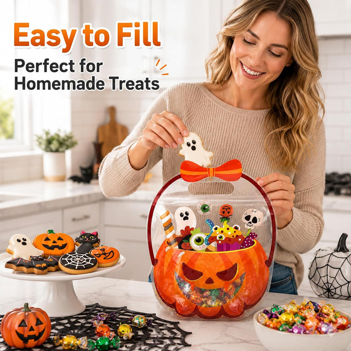 20 Pcs Pumpkin Halloween Trick or Treat Sweet Gift Bags with Handle for Kids