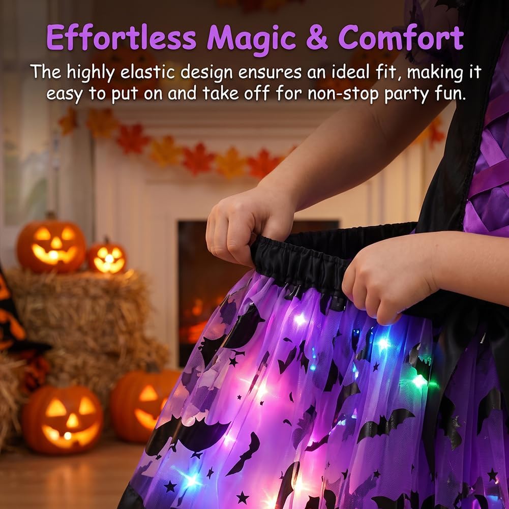 Witch Costume Set Halloween LED Tutu Dress Hat Broom Kids Fancy Dress Up
