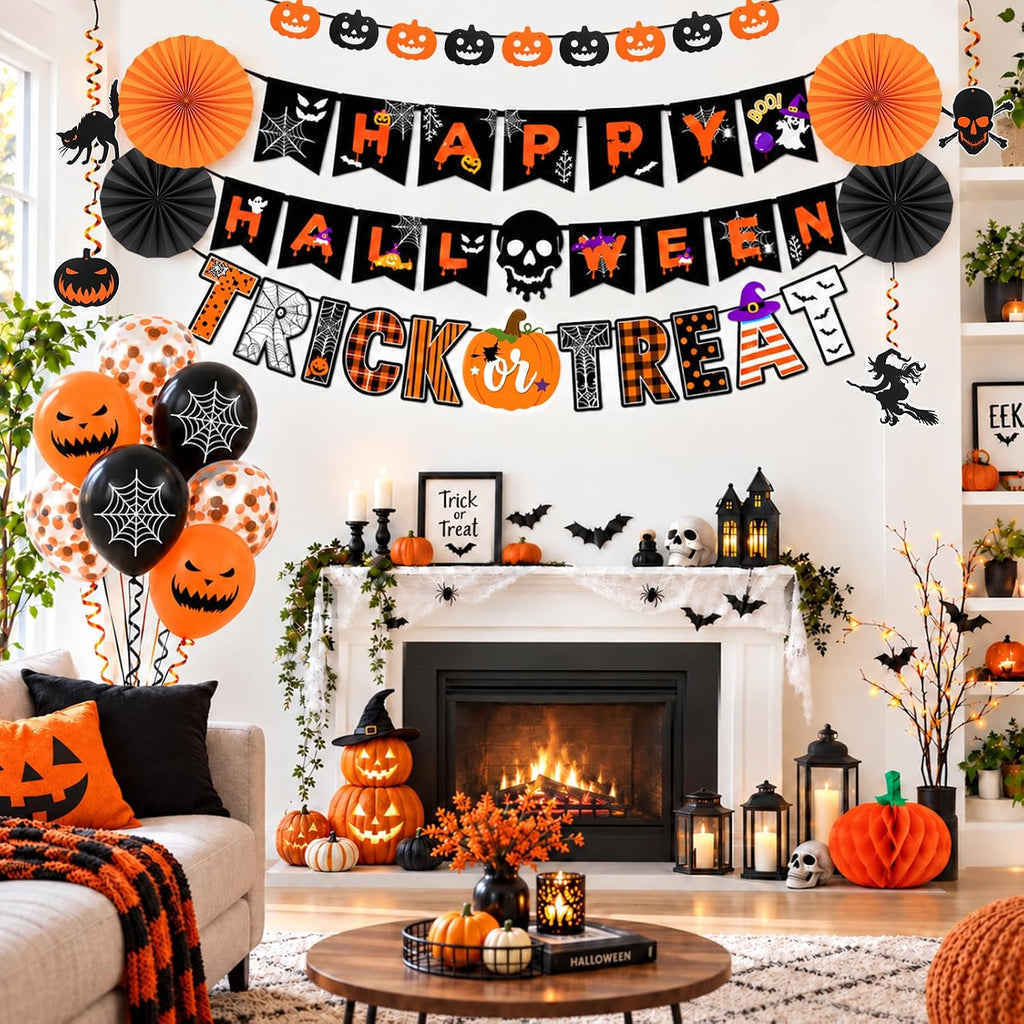 Halloween Indoor Decorations Kit: Banners, Garland, Balloons & Hanging Decor Set