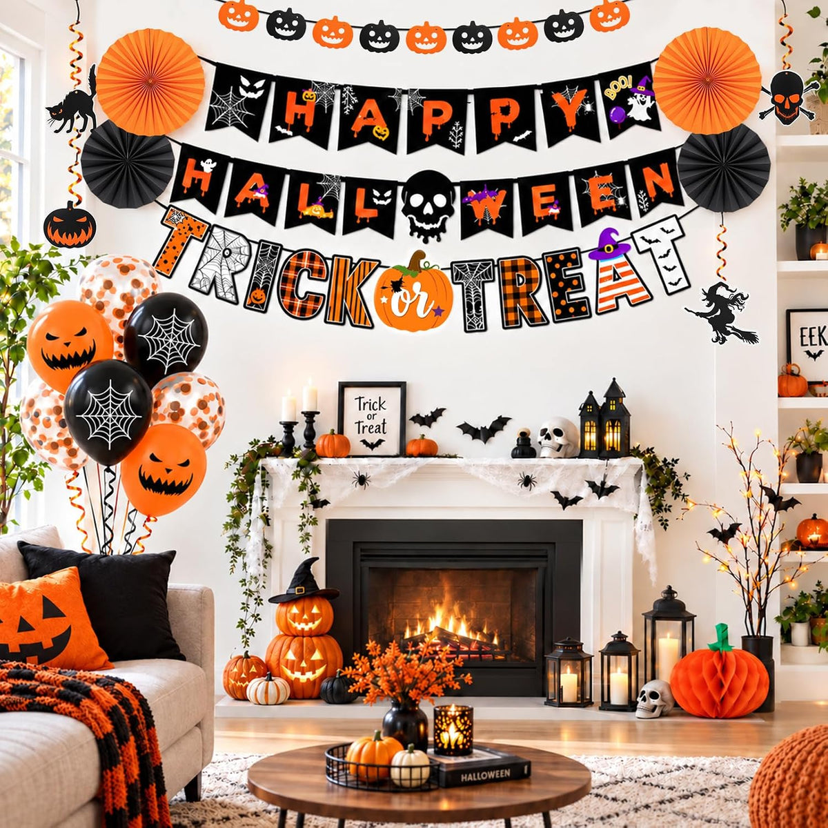 Halloween Indoor Decorations Kit: Banners, Garland, Balloons & Hanging Decor Set