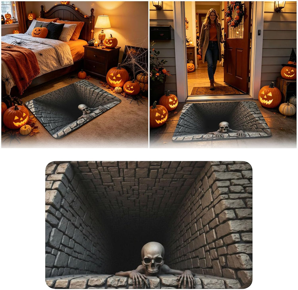 Halloween 3D Illusion Door Mat Spooky Bottomless Hole Rug Anti-Slip Floor Decor