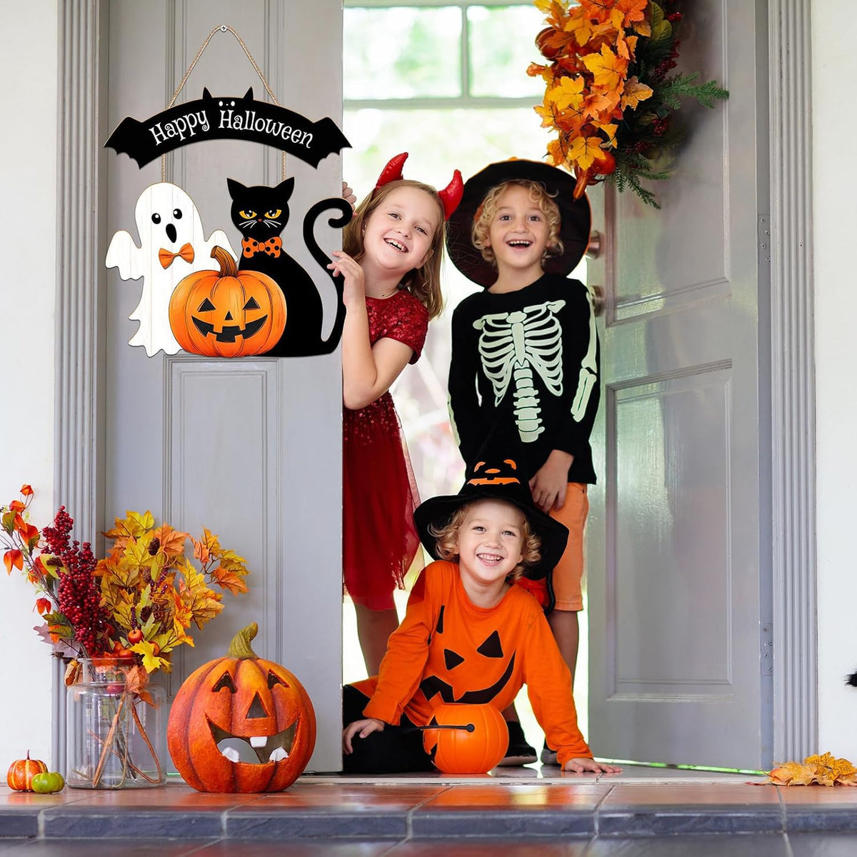 Happy Halloween Wreath Door Sign - Spooky Outdoor Decorations