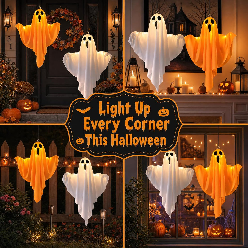 4 Pack Halloween Ghost Decorations LED Light Up Hanging Indoor Outdoor Decor