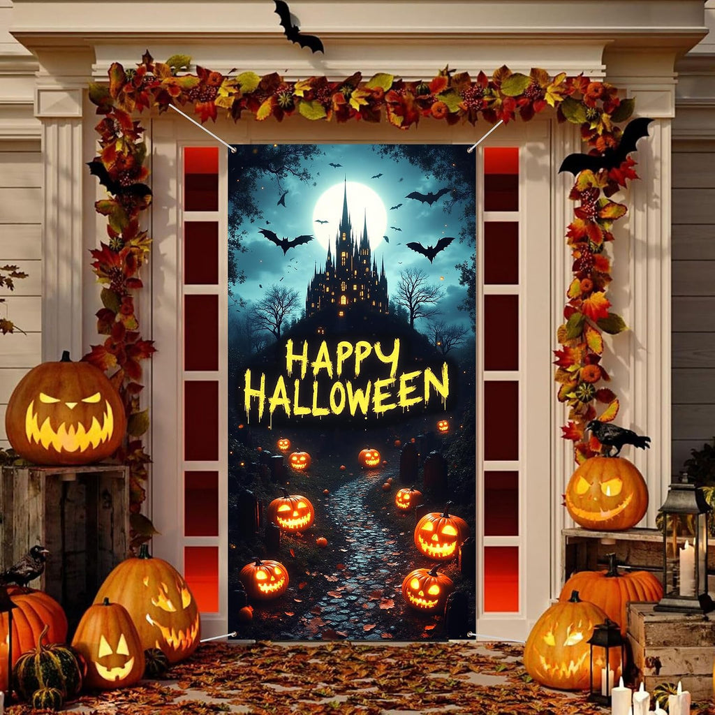 Halloween Door Cover Decoration Large Fabric Party Sign Spooky Pumpkin Graveyard