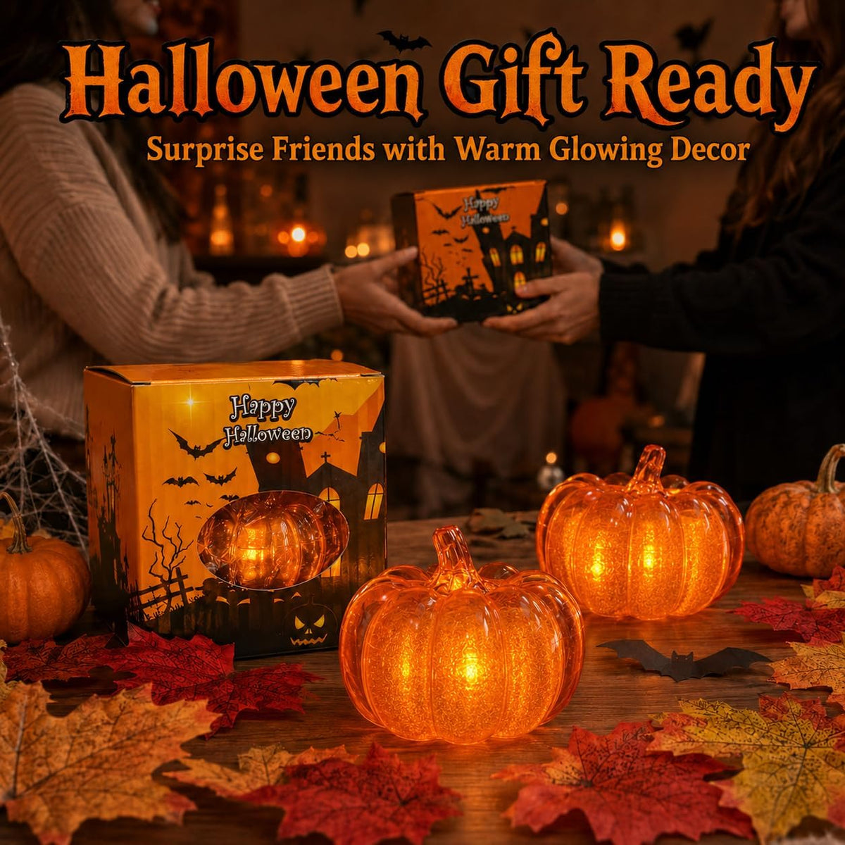 LED Light Up Pumpkins & Maple Leaves Set - Fall Halloween Autumn Home Decor