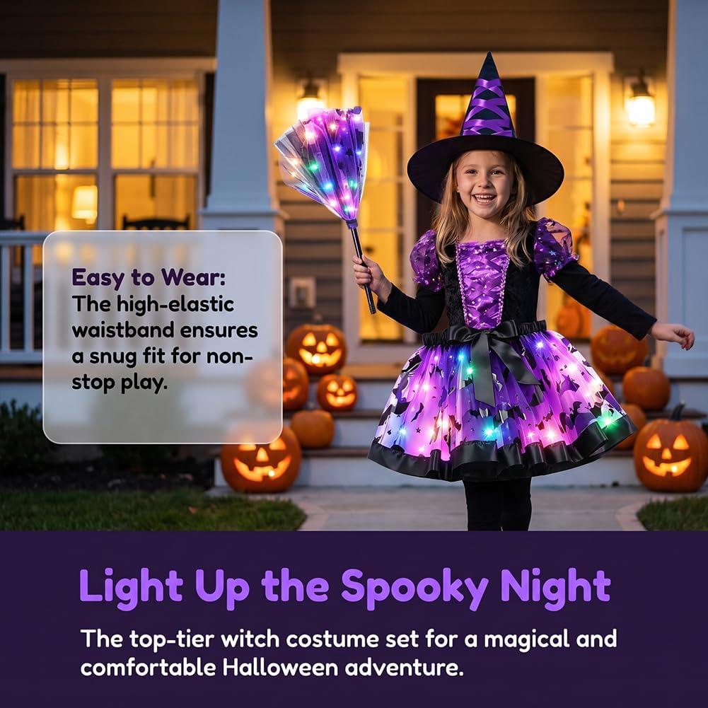 Witch Costume Set Halloween LED Tutu Dress Hat Broom Kids Fancy Dress Up