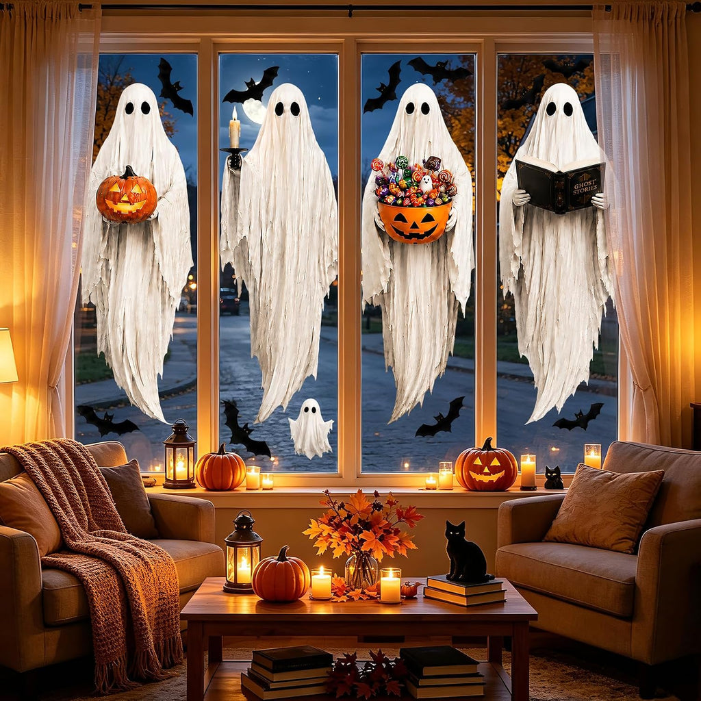 4PCS Large Halloween Ghost Window Clings Static Stickers Witch Bat Decor