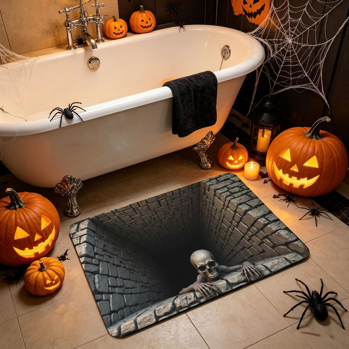 Halloween 3D Illusion Door Mat Spooky Bottomless Hole Rug Anti-Slip Floor Decor