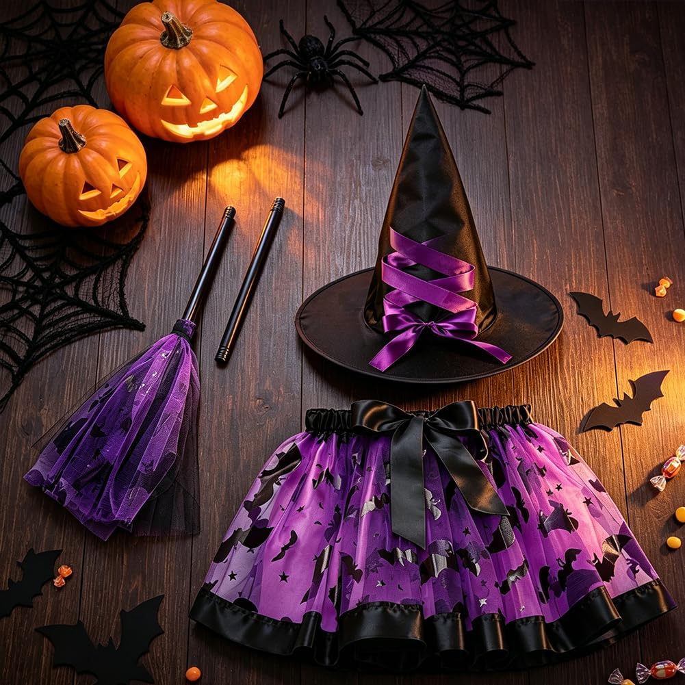 Witch Costume Set Halloween LED Tutu Dress Hat Broom Kids Fancy Dress Up